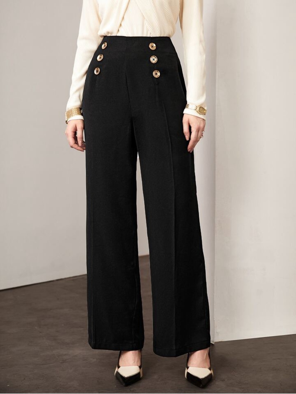 MICHAEL Michael Kors Black Wide-Leg High Waist Pants with Gold Buttons